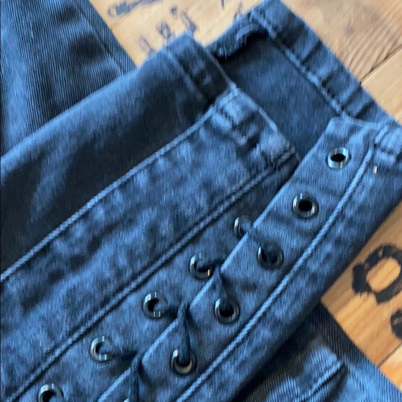 asymmetrical black button fly cropped lace up jeans - Picture 12 of 16